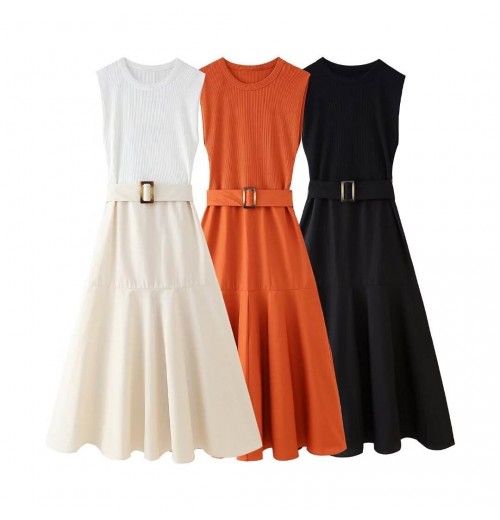 Women 2024 Summer New Fashion Dress With Belt Stitching Vintage Backless Elastic Wide Straps Female Dresses Women 2024 Summer New Fashion Dress With Belt Stitching Vintage Backless Elastic Wide Straps Female Dresses