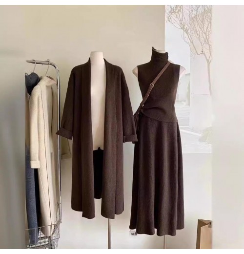 Autumn and winter new slimming loose sweater cardigan skirt set gentle style women's knitted sweater three piece set Autumn and winter new slimming loose sweater cardigan skirt set gentle style women's knitted sweater three piece set