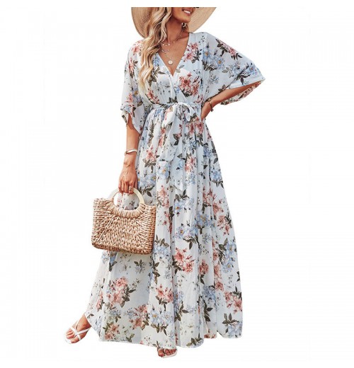 Women's Elegant Summer Bohemian Maxi Dress Casual Floral Printing In Wrap Deep V Neck 3/4 Sleeve Breathable Chiffon Fabric Women's Elegant Summer Bohemian Maxi Dress Casual Floral Printing In Wrap Deep V Neck 3/4 Sleeve Breathable Chiffon Fabric
